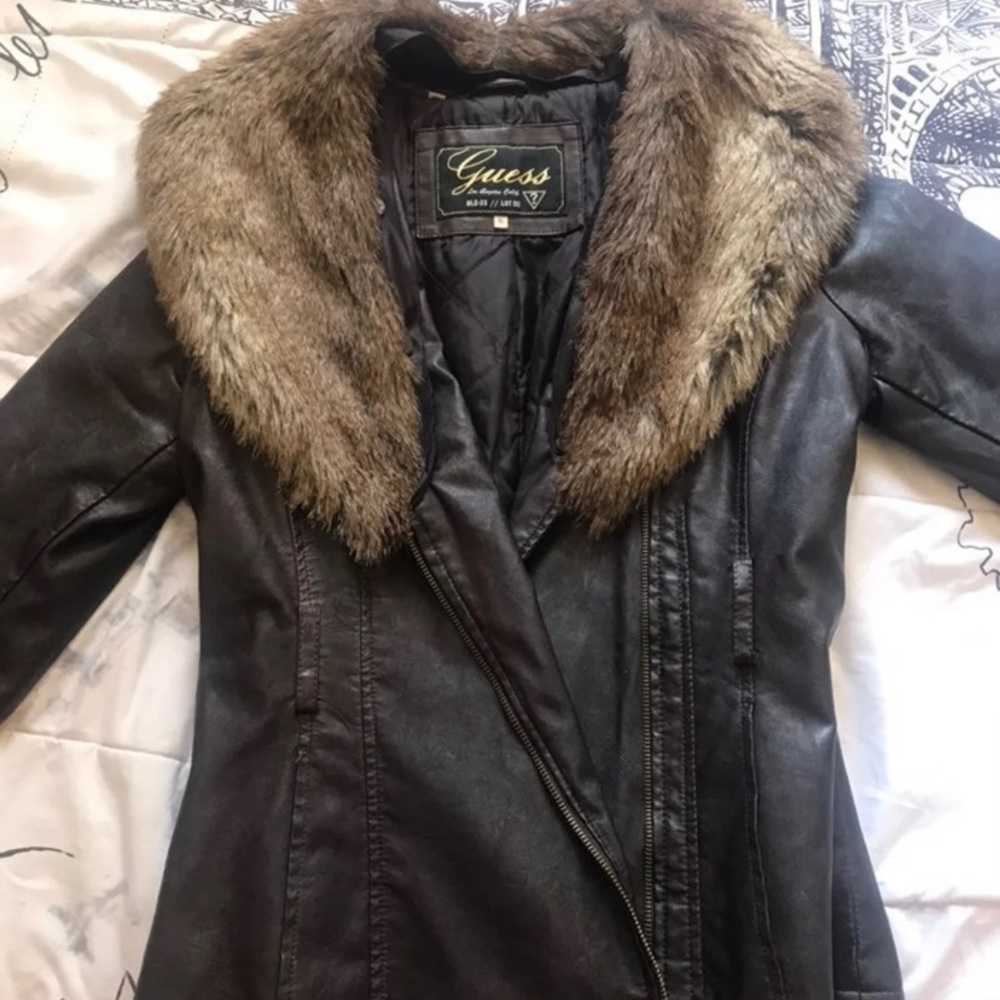 Faux Leather Guess Jacket With Fur Collar, S